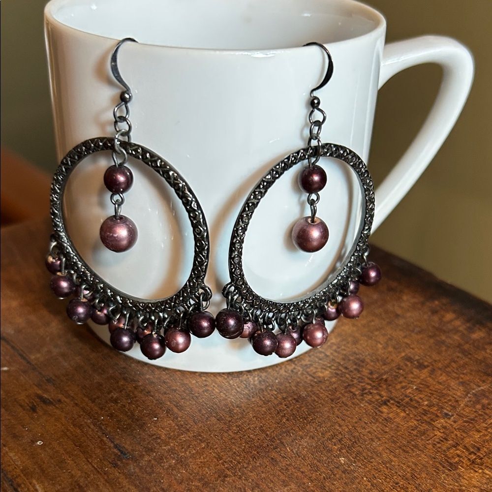 Vintage Y2K Boho Black Purple Beaded Dangle Hoop Earrings Pierced